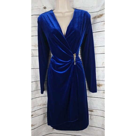 Calvin Klein Blue Velvet Dress 8 Faux Wrap Ruched Classic Holiday Womens - Picture 1 of 6